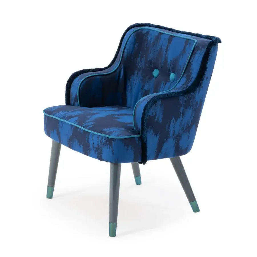 Exceptional Turri Azul armchair in blue textile with a brushstroke pattern, teal fringe and glossy lacquered wooden legs