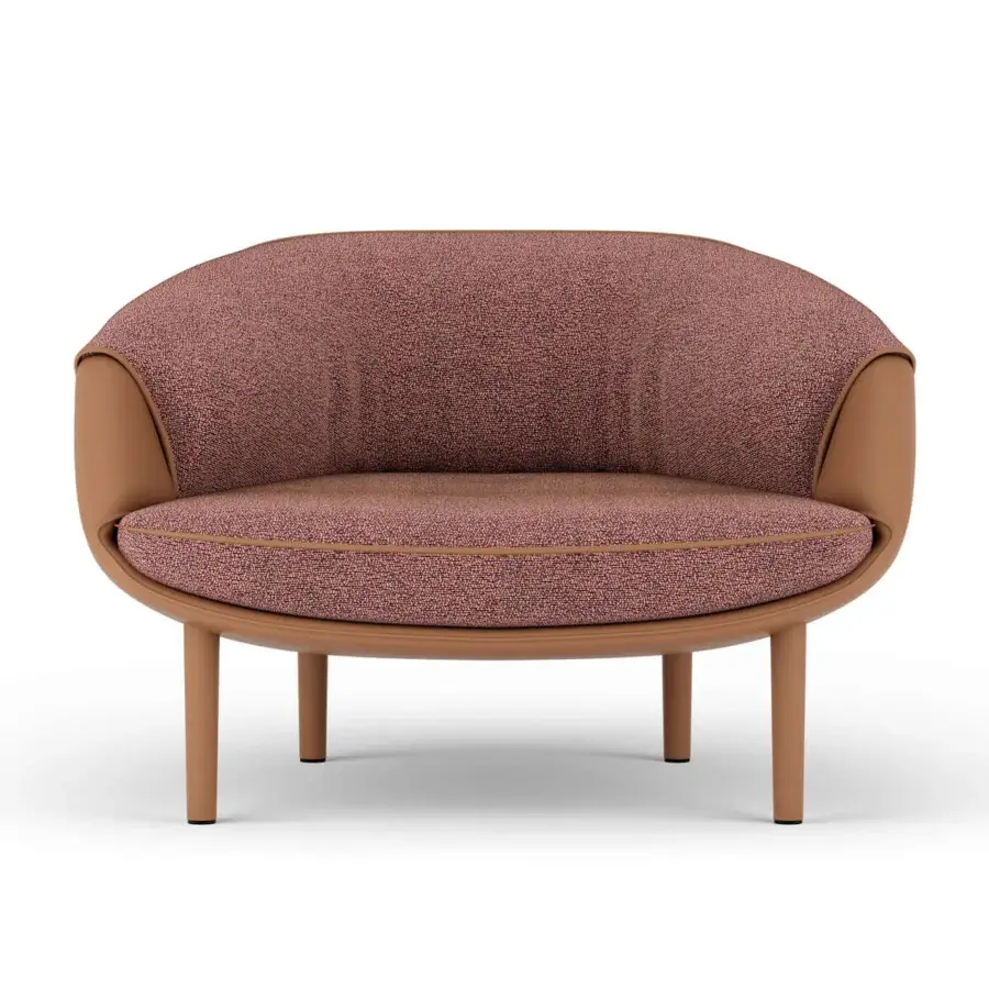 Distinguished Turri Riban lounge chair with brown and red textured textile upholstery and smooth matte frame