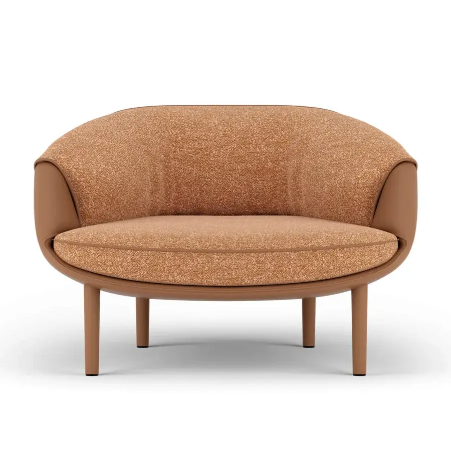Elegant Turri Riban lounge chair with tan and brown speckled textile upholstery and matching frame