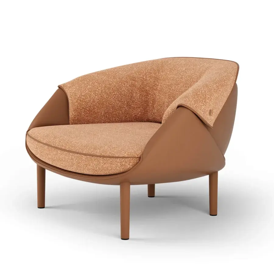 Distinguished Turri Riban lounge chair with speckled light brown textile and smooth matte brown fabric leather construction