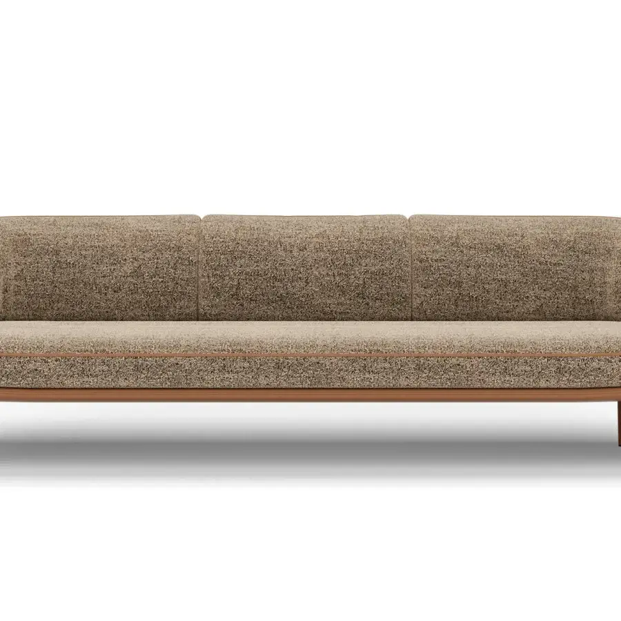 Superior Turri Riban sofa crafted in textured brown and beige fabric with smooth light brown leather structure