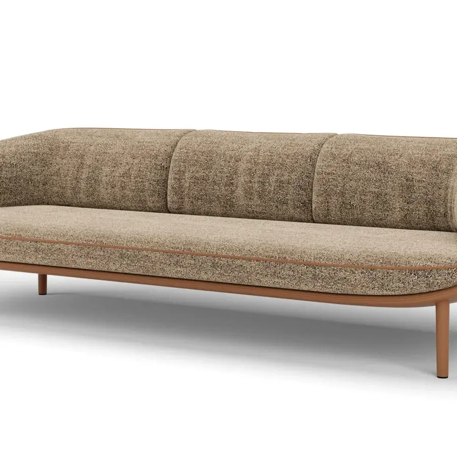 Elegant Turri Riban sofa built with speckled brown textile cushions and smooth darker brown leather framing with button detail
