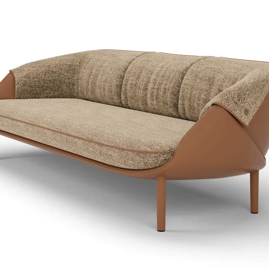 Distinguished Turri Riban sofa crafted with woven beige textile cushions and smooth synthetic frame with button detail
