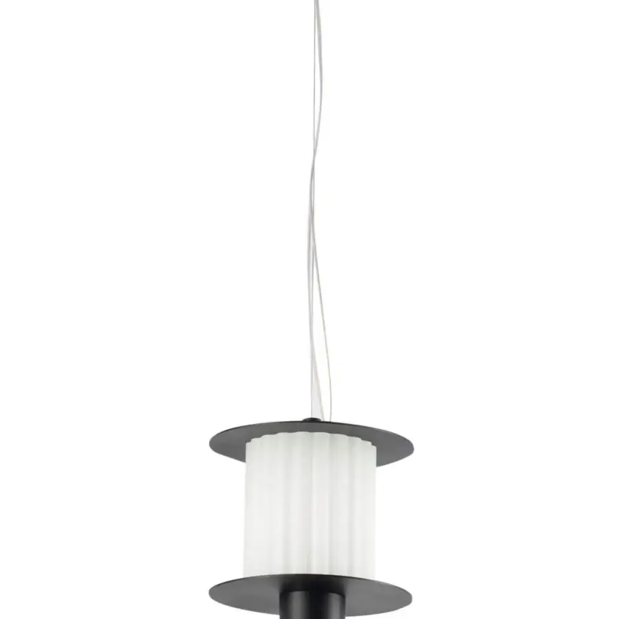 Superior Stillux Overlay Suspension lamp with channeled glass diffuser and sleek black metal disks crafted in Italy