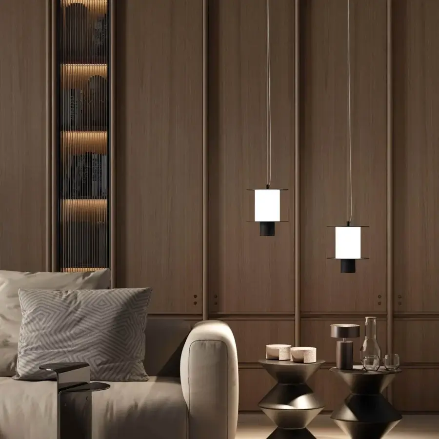 Exclusive Stillux Overlay Suspension lamp with smooth metal disks and matt white cylindrical channeled glass diffuser