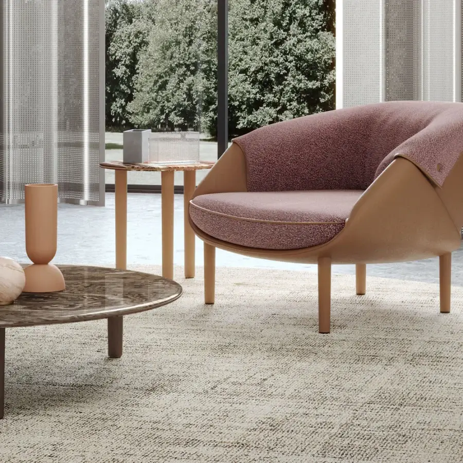 Superior Turri Riban coffee table with organic form, glossy brown and beige top, plus darker brown leather legs and piping