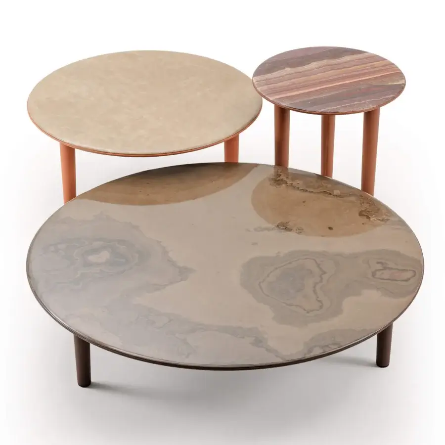 Superior Turri Riban coffee tables exhibit rounded lines with light brown marble tops and dark brown leather detailing