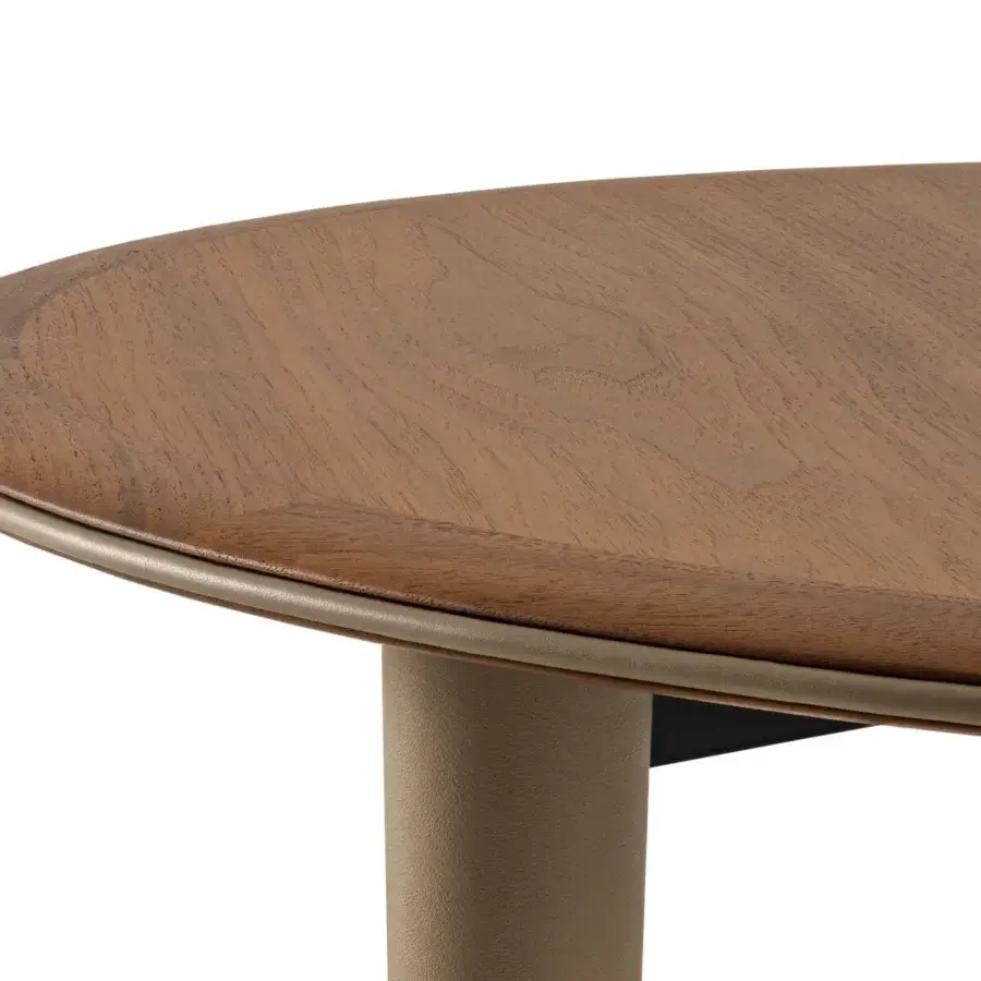 Lavish Turri Riban coffee table with organic rounded design, smooth wooden top and light tan leather piping