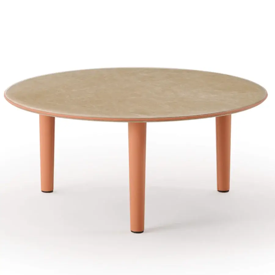 Distinguished Turri Riban coffee table with beige marble top encircled by orange leather piping and legs