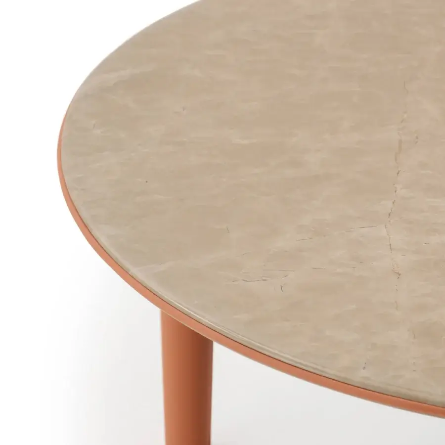 Exceptional Turri Riban coffee table with light beige faux marble top and orange leather piping framing a cylindrical leg