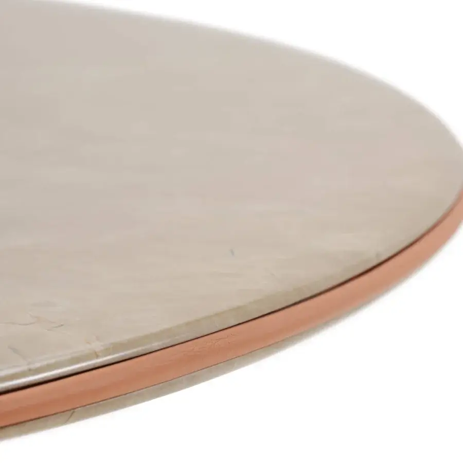 Superior Turri Riban coffee table with rounded form, light beige marble-like top and light-brown leather piping detail