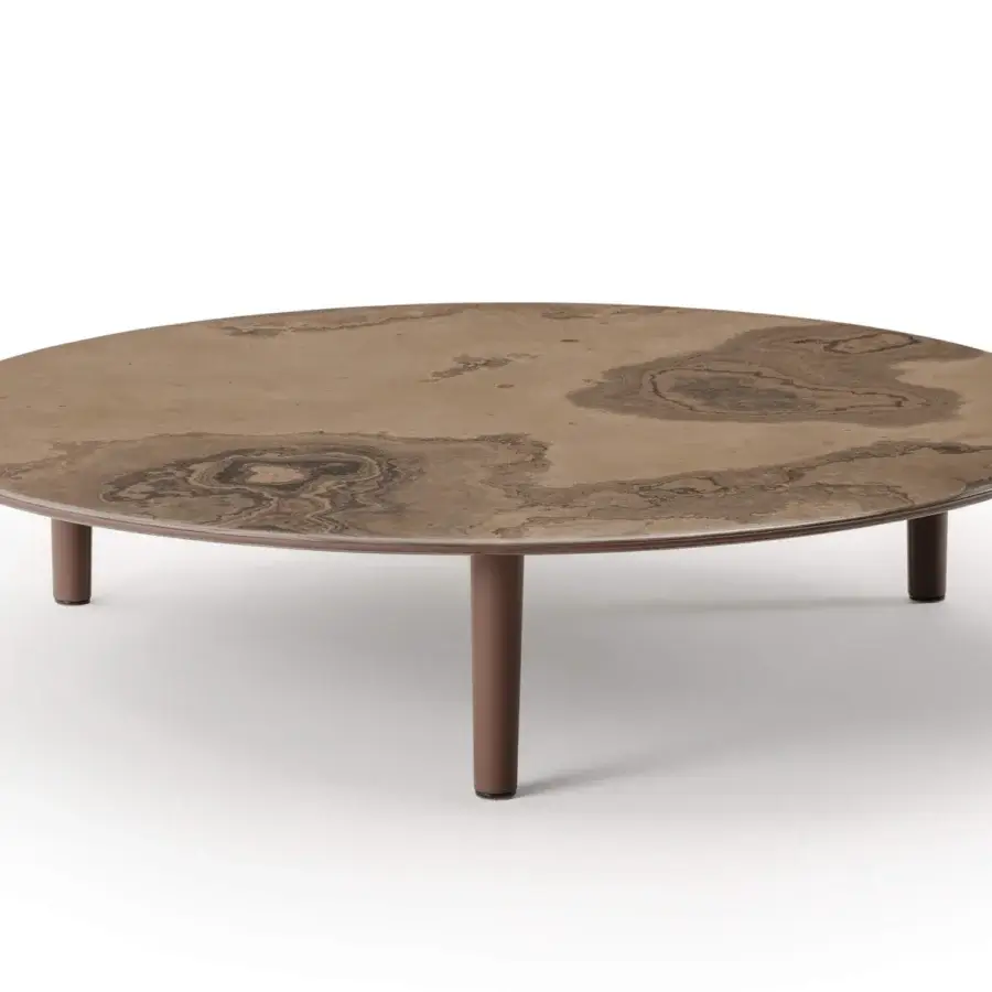 Elegant Turri Riban coffee table with organic shape, natural stone-patterned marble top and light brown leather piping