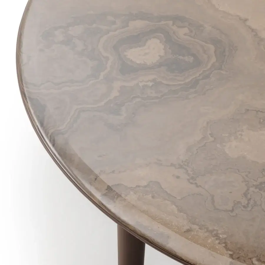 Distinguished Turri Riban coffee table with rounded lines, swirling brown marble top and dark brown leather-covered legs