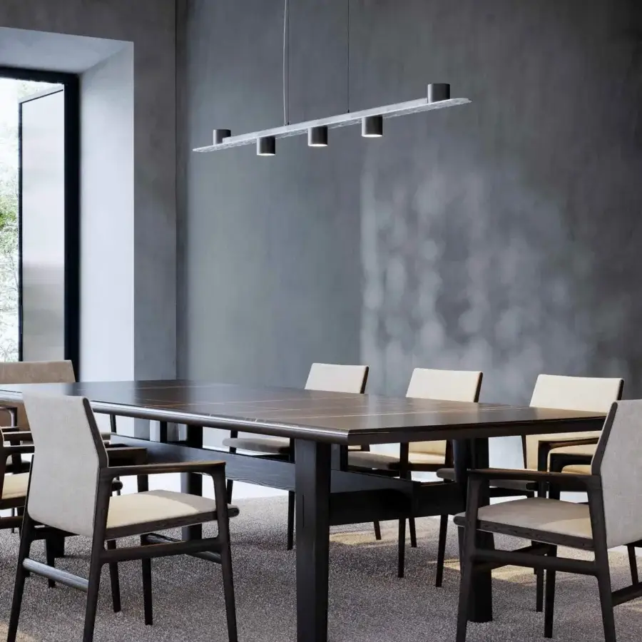 Superior Stillux Triad suspension lamp with hammered metal bar and illuminating points, crafted in light gray matte finish