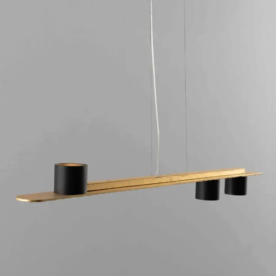 Distinguished Stillux Triad suspension lamp with a hammered metal bar and black cylindrical lamp holders in golden finish