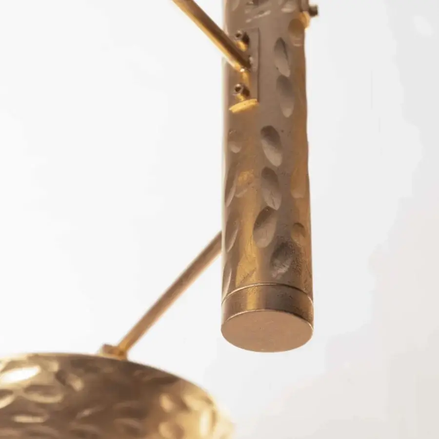 Distinguished Stillux Triad ceiling lamp with a hammered golden cylindrical structure and concave metallic plates crafted in Italy