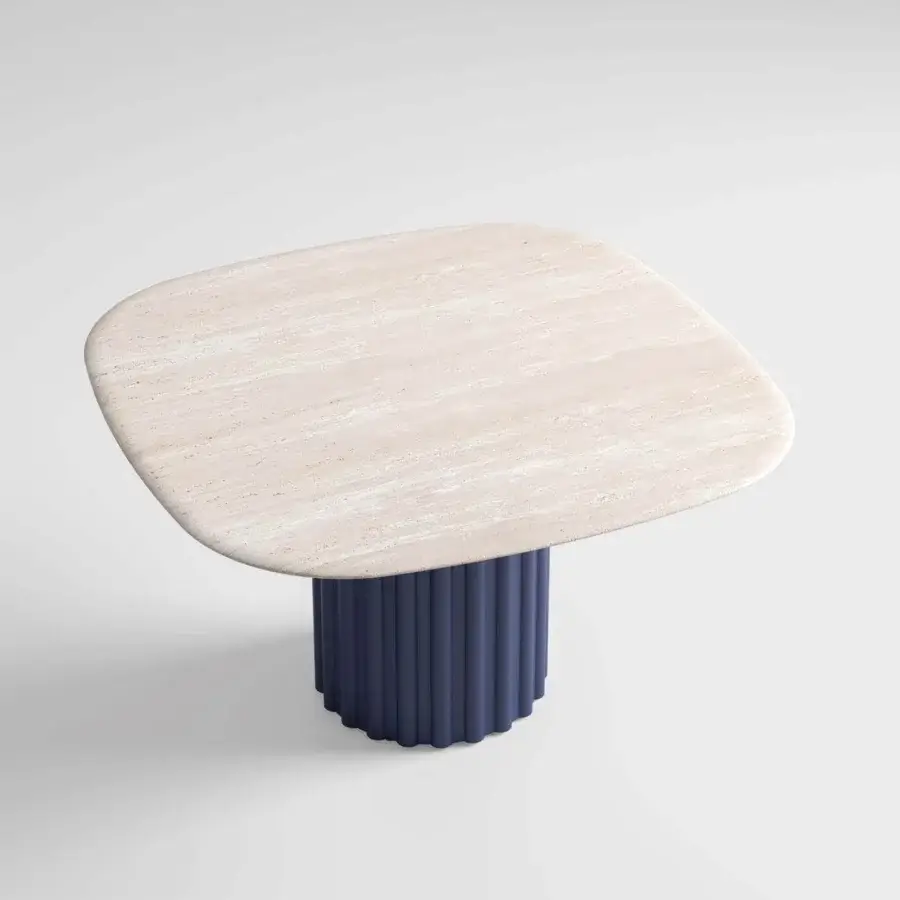 Exceptional CPRN Homood Pablo table with light beige horizontally textured marble and dark blue lacquered ribbed cylindrical base