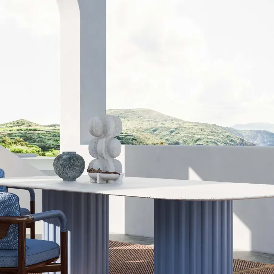 Superior CPRN Homood Pablo table with light-colored textured marble and vertically ribbed blue-gray lacquered base
