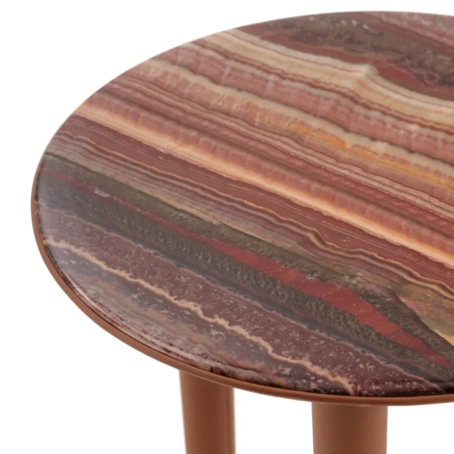 Exceptional Turri Riban side table with layered stone top encircled by smooth matte synthetic leather trim and legs