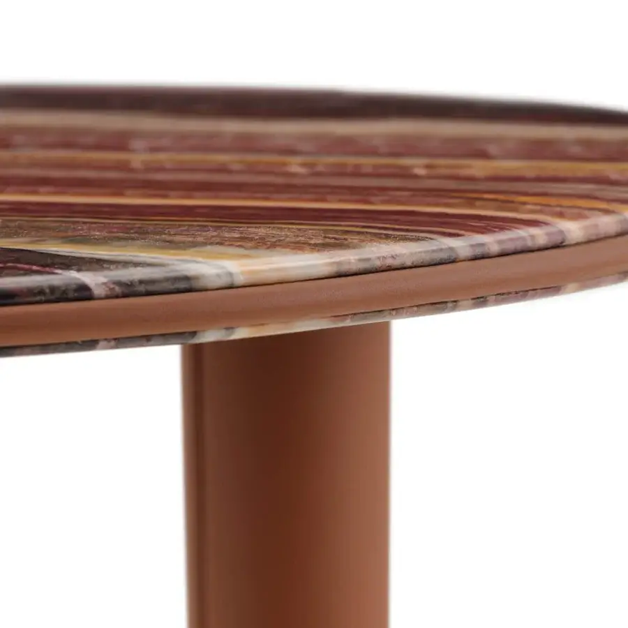 Lavish Turri Riban side table with rounded form and marble top encircled by refined leather piping