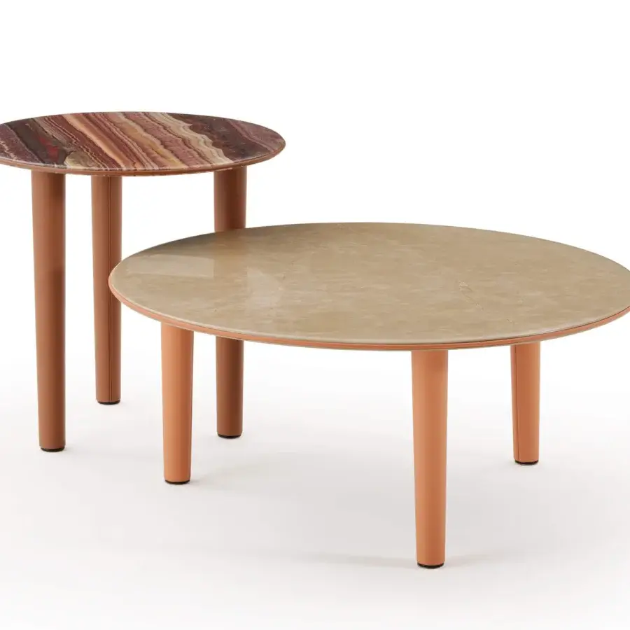 Superior Turri Riban side table crafted in Italy with beige marble-like top and light-brown leather-covered cylindrical legs