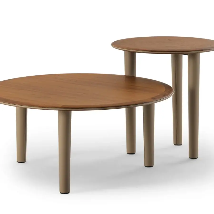 Distinguished Turri Riban side table with rounded silhouette and light brown leather detailing complemented by a wooden top