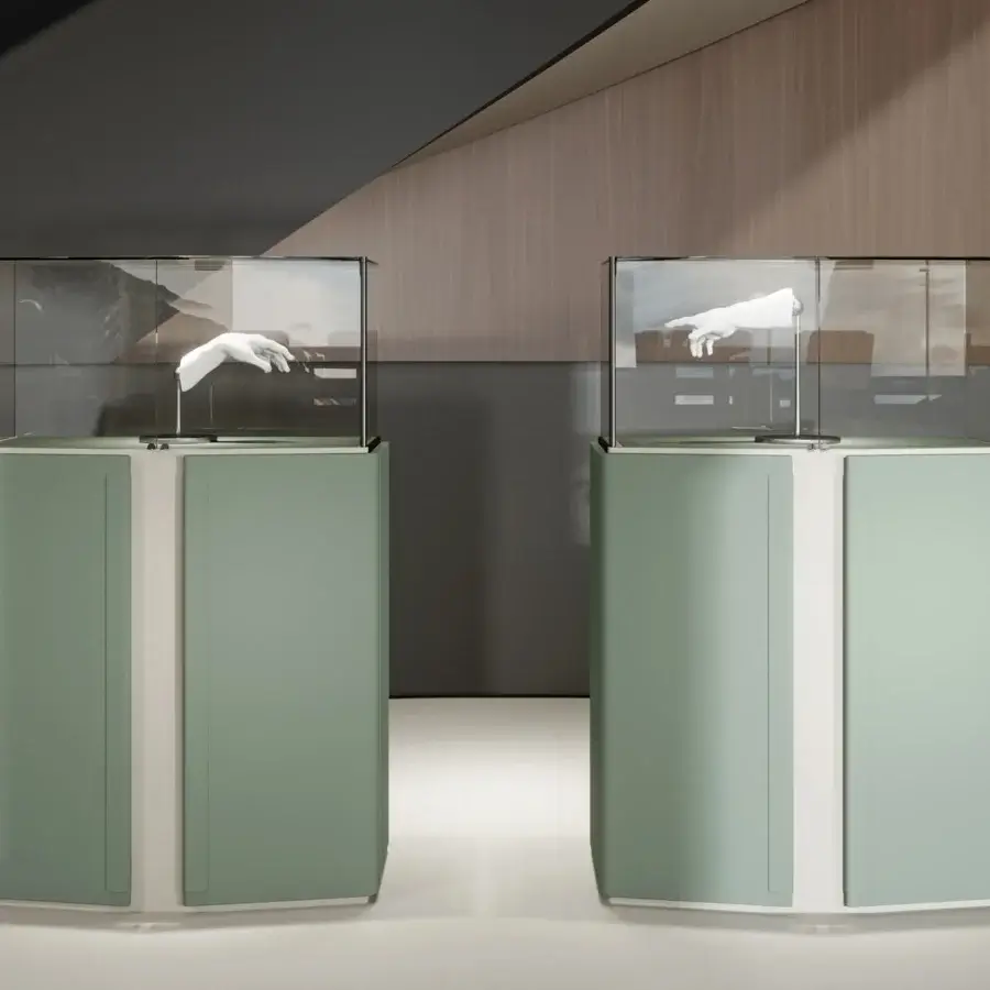Distinguished Turri Zenit cupboard with embracing leather doors and a light display case in a two-tone matte finish