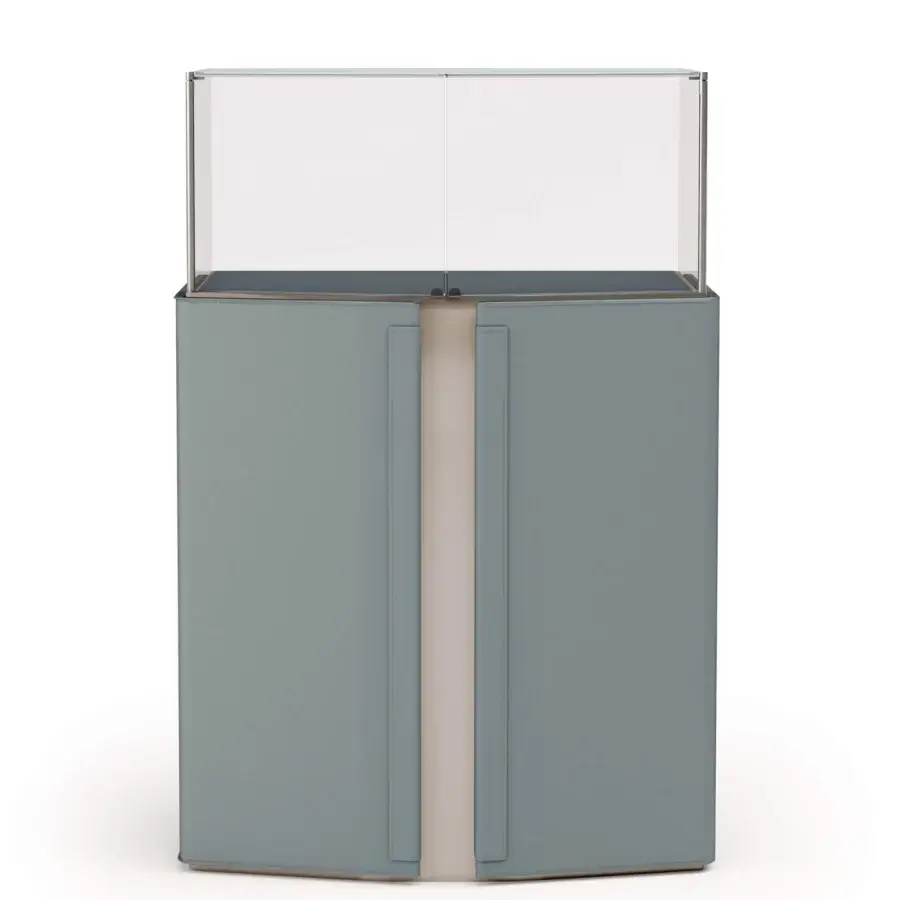Distinguished Turri Zenit cupboard with embracing grayish-blue leather doors and overlapping light display case crafted in Italy