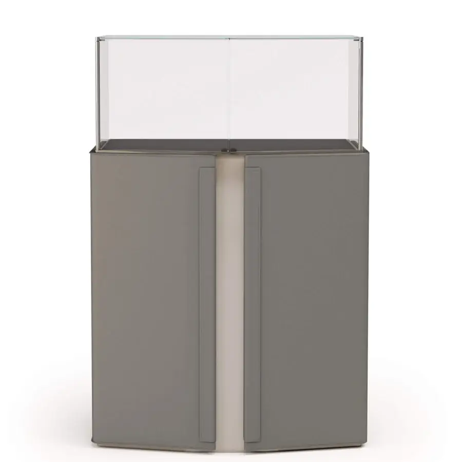Superior Turri Zenit cupboard with smooth gray leather doors and a neutral metal framed light display case