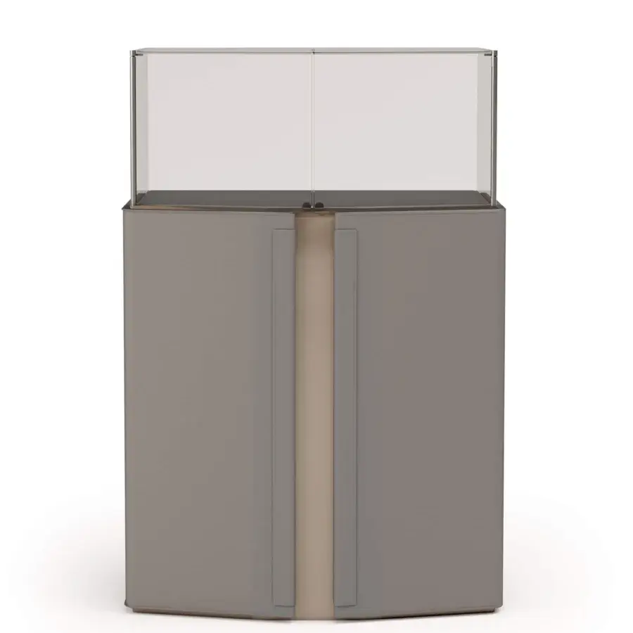 Elegant Turri Zenit cupboard with embracing gray matte leather doors and a clear glass display case