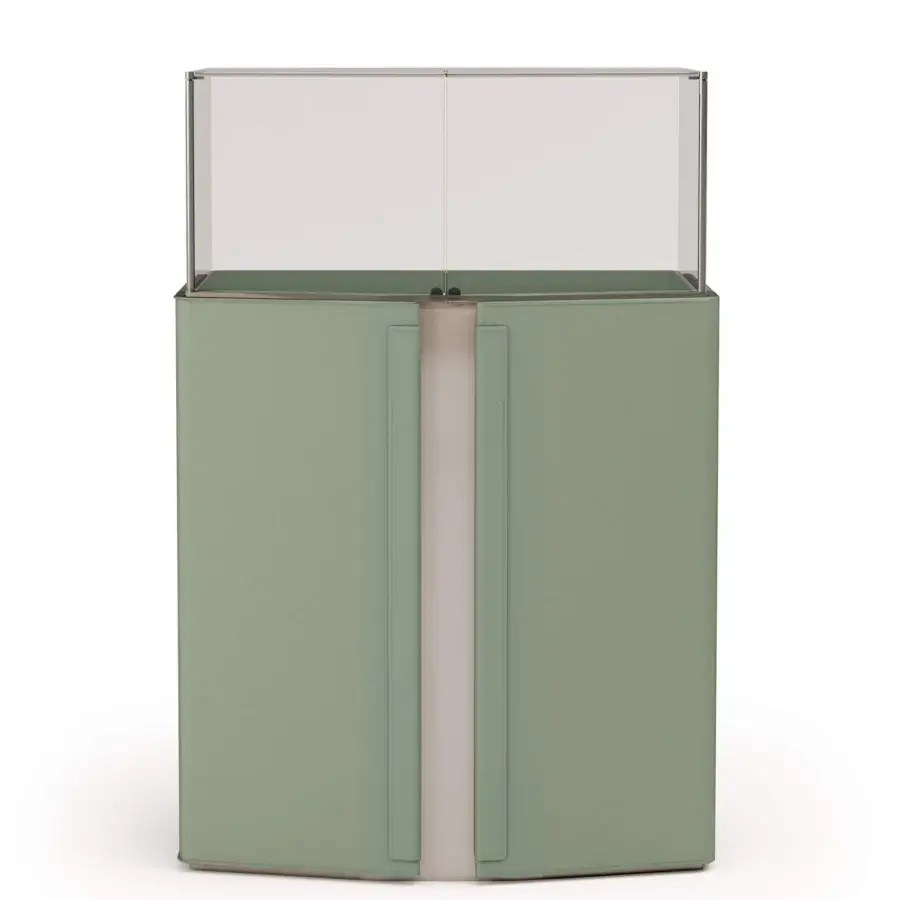 Distinguished Turri Zenit cupboard with embracing leather doors and a light display case in light green synthetic material with a smooth finish