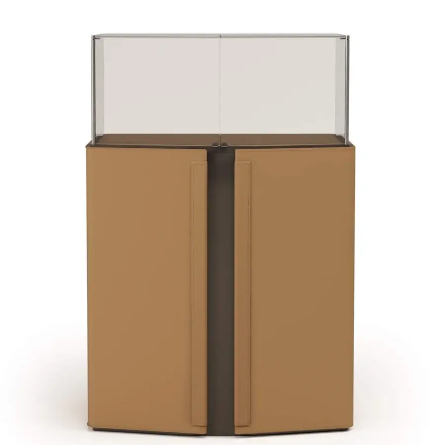 Superior Turri Zenit cupboard with tan leather doors embracing a light display case and dark central elements