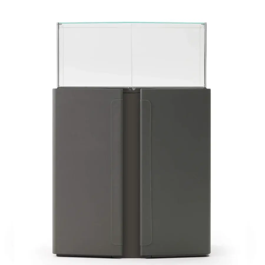 Elegant Turri Zenit cupboard with padded leather doors and a light display case, built with dark gray material and matte finish