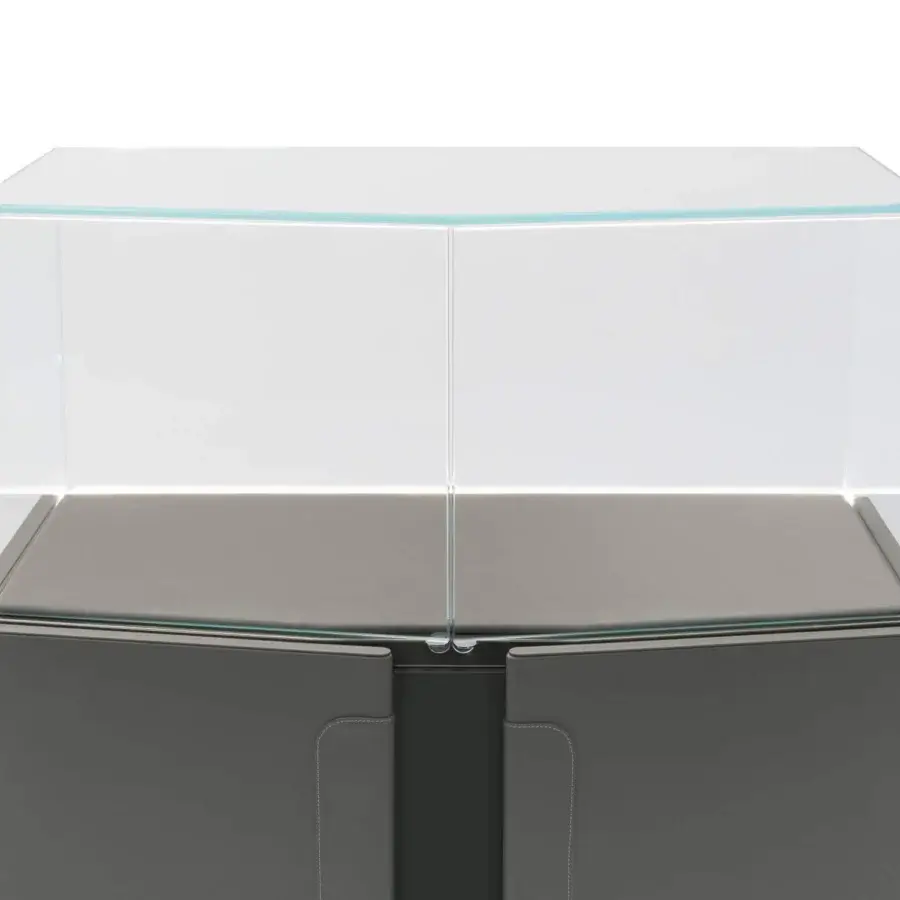 Distinguished Turri Zenit cupboard with embracing leather doors and a light glass display case built in gray synthetic material