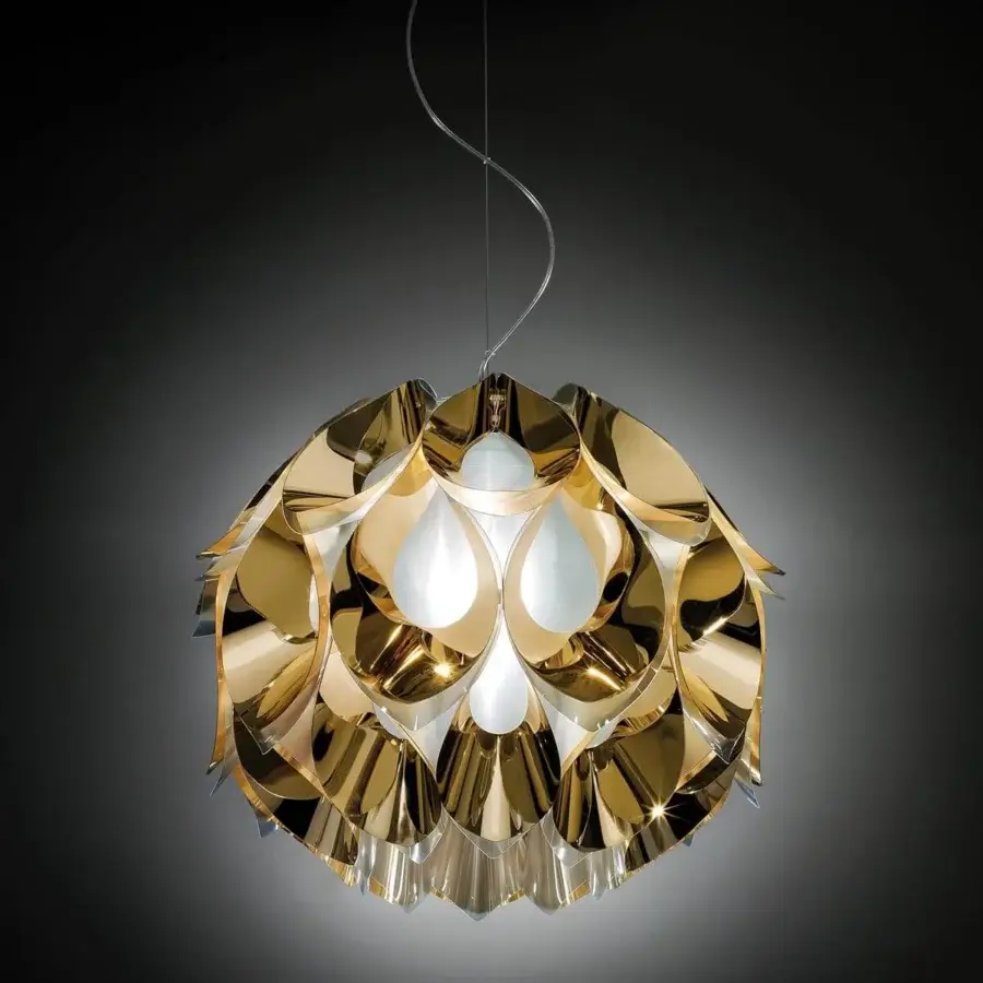 Exclusive Slamp Flora lamp suspension with sixty petal-like segments surrounding a satin sphere in vaporized aluminum with glossy gold finish