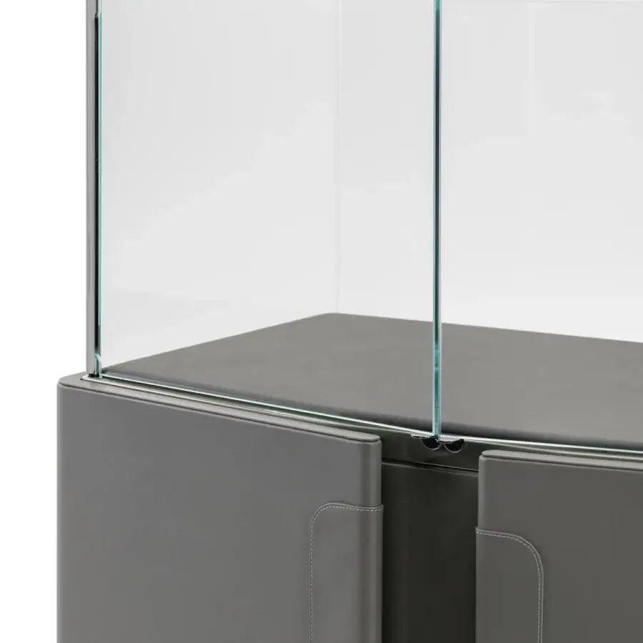 Superior Turri Zenit cupboard with embracing leather doors and a light glass display, exhibiting a uniform grey matte finish