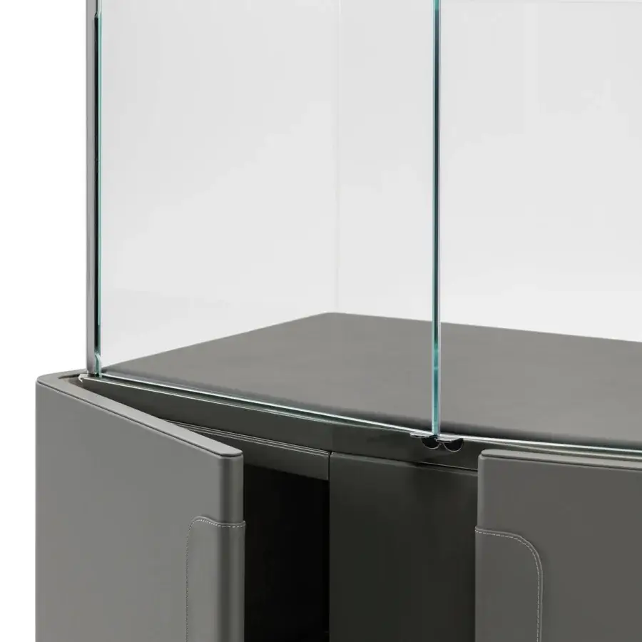 Captivating Turri Zenit cupboard with embracing gray leather doors and a light glass display case built with silver metallic accents