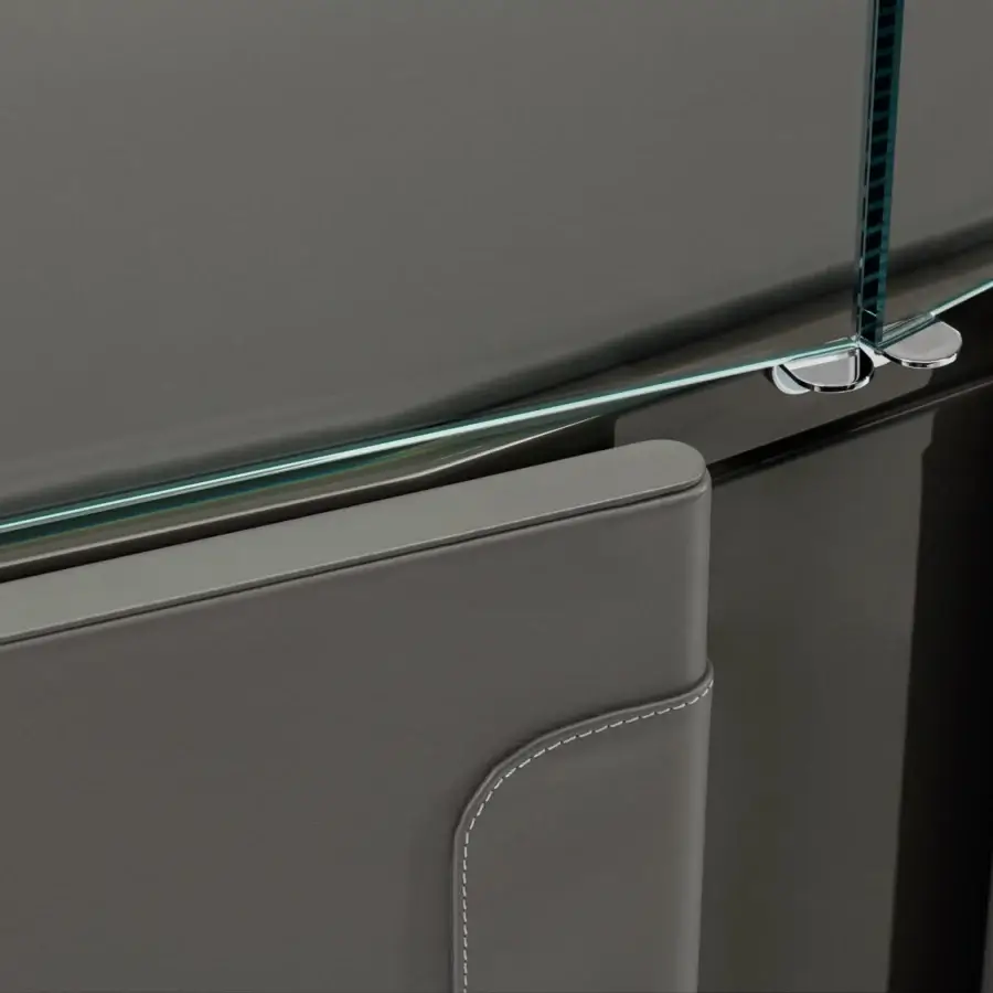 Exclusive Turri Zenit cupboard with embracing gray leather doors and a light display case built in polished metal supports