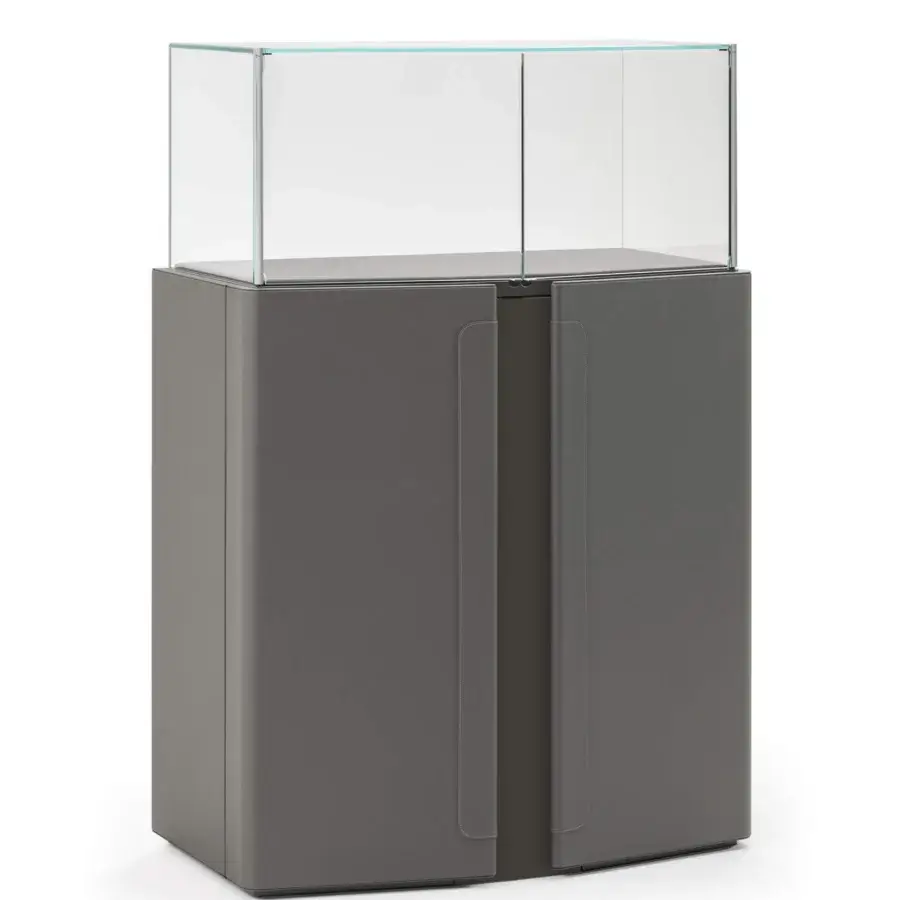 Distinguished Turri Zenit cupboard with subtly curved leather doors and a light display case in matte gray finish