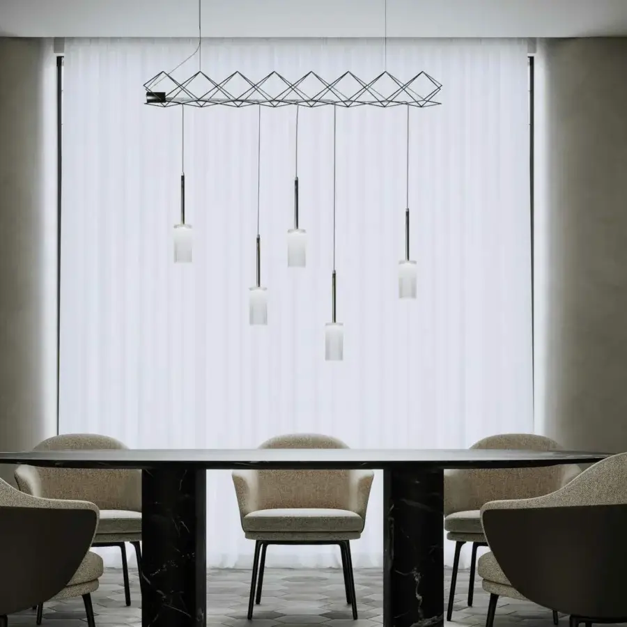 Superior Stillux Flow suspension lamp with a rectilinear form and diamond patterned metal frame holding translucent glass pendants crafted in Italy with integrated lighting