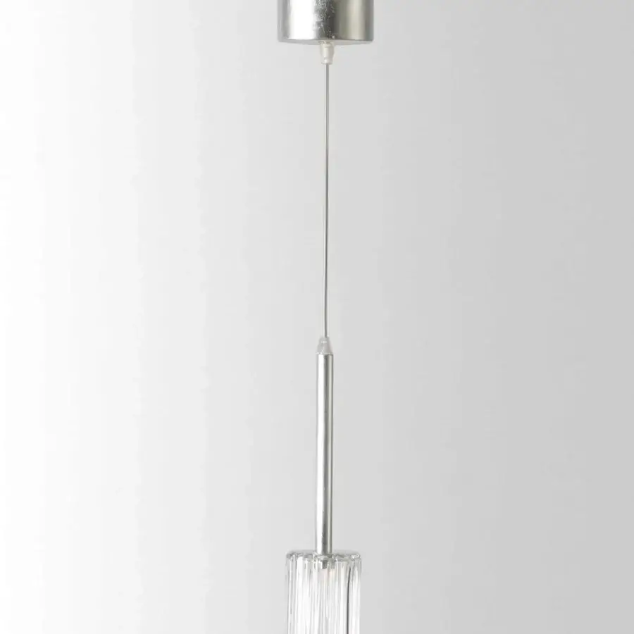 Superior Stillux Flow suspension lamp with rectilinear metal form and transparent glass pendant in glossy silver finish