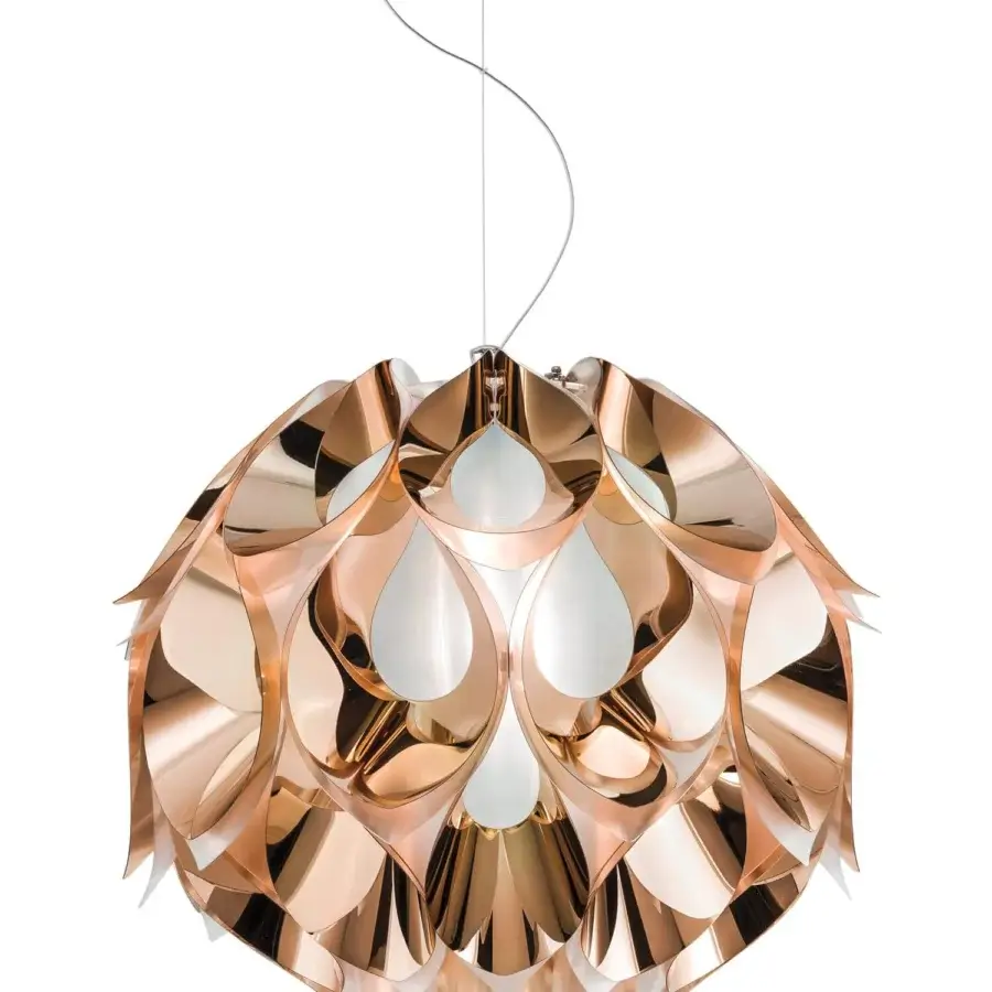 Innovative Slamp Flora lamp suspension with glossy rose-gold finish and petal-like segments inspired by a plant