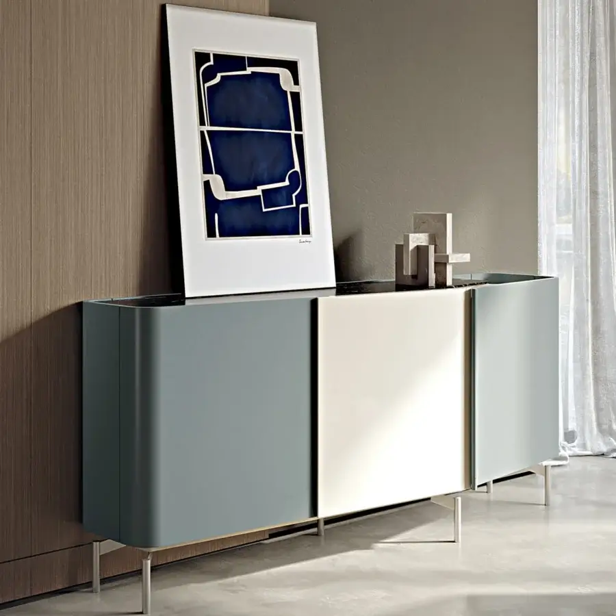 Superior Turri Zenit sideboard with curved leather doors and a central wood panel in matte blue-gray and white tones