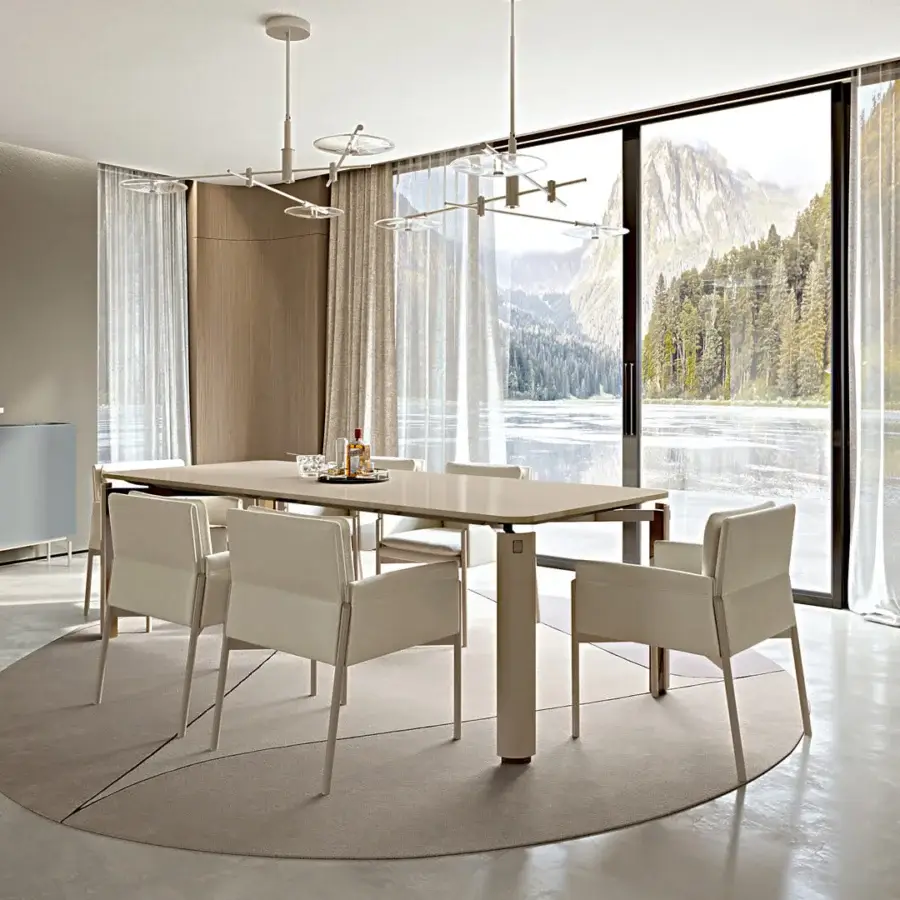 Elegant Turri Zenit sideboard with overlapping curved leather doors and a central wood section in matte finish