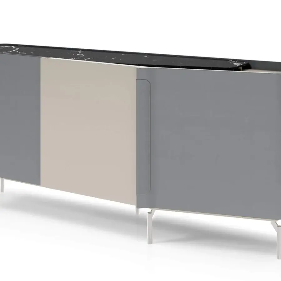 Distinguished Turri Zenit sideboard with curved leather doors embracing a wood panel and a dark marble-patterned surface atop slender metal legs