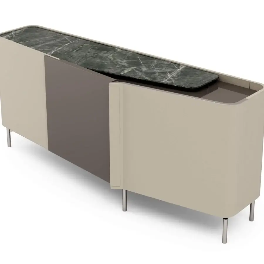 Innovative Turri Zenit sideboard with overlapping beige leather and curved doors embracing a wood section with a dark green marble-like double top