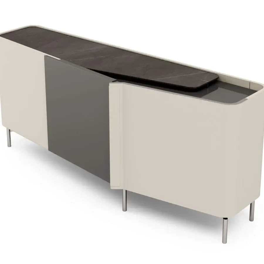Superior Turri Zenit sideboard with a dark stone-like top and matte cream plus dark gray synthetic material doors