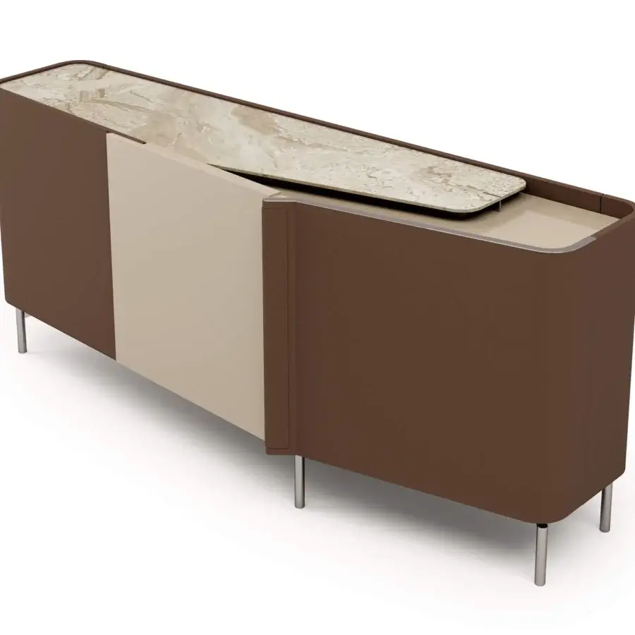 Elegant Turri Zenit sideboard with curved leather doors embracing a wood section and faux marble top