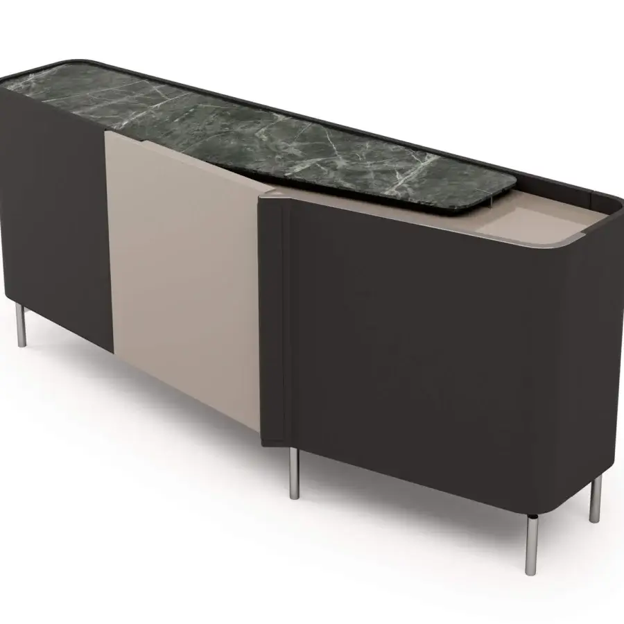 Distinctive Turri Zenit sideboard with curved dark gray leather doors and a beige wood panel built on cylindrical metal legs