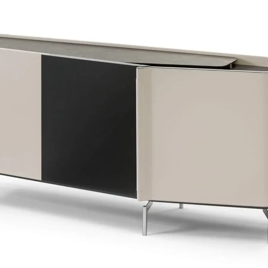 Superior Turri Zenit sideboard with light beige synthetic material, dark brown wood, and a smooth matte finish